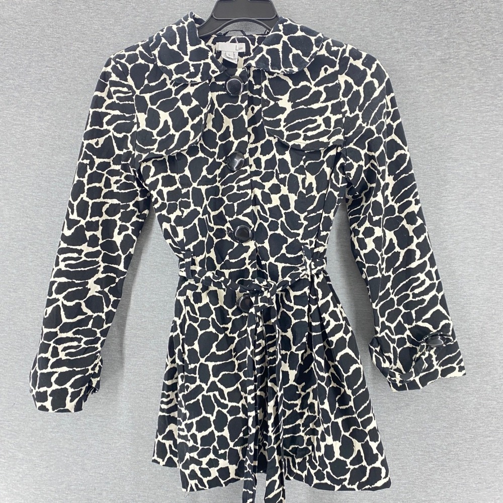Luii Animal Print Trench Coat‎ Womens Large Black White Giraffe Print Belted